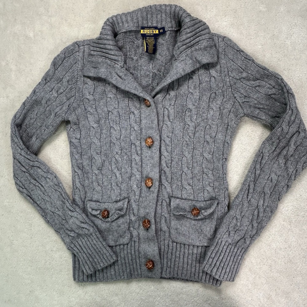 Vintage Ralph Lauren Rugby Cable Knit Cardigan Sweater Womens XS Wool Cashmere